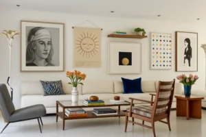 A representation of a modern living room art with fabric and vintage images.