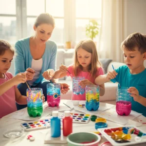 Kids crafting plastic bottle planters