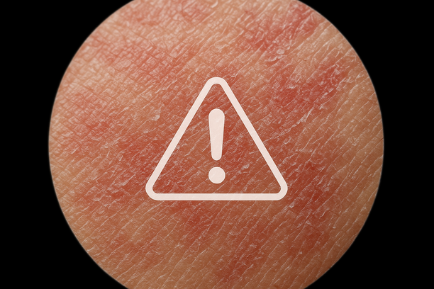Close-up of over-exfoliated skin under a microscope with alert symbol