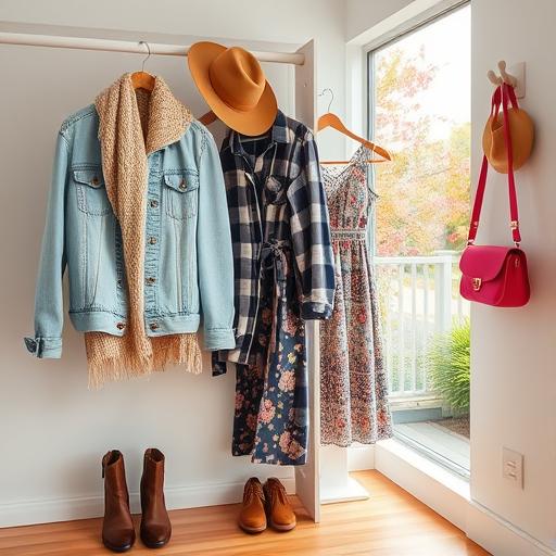 Stylish wardrobe with transitional outfits, mixing summer and fall pieces. Window shows blooms and leaves.