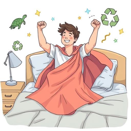 Person waking up feeling like a superhero for making eco-friendly choices