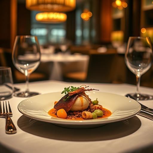 A visually stunning dish placed elegantly on a table in a high-end restaurant