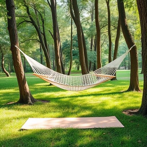 Tranquil local wellness retreat setting with hammock, yoga mat, and trees