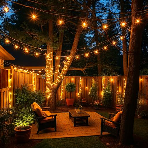 Backyard Transformed with String Lights