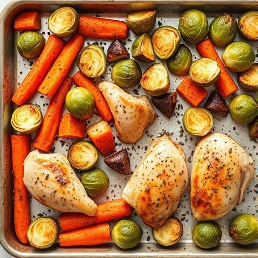 A beautifully arranged sheet pan meal with roasted vegetables and chicken