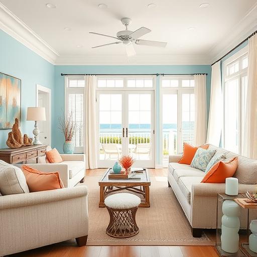 A bright, airy living room decorated with coastal themes: soft blue walls, sandy beige sofas, and pops of coral accents. Driftwood sculptures and sea-glass vases add personality, with light curtains catching the breeze.