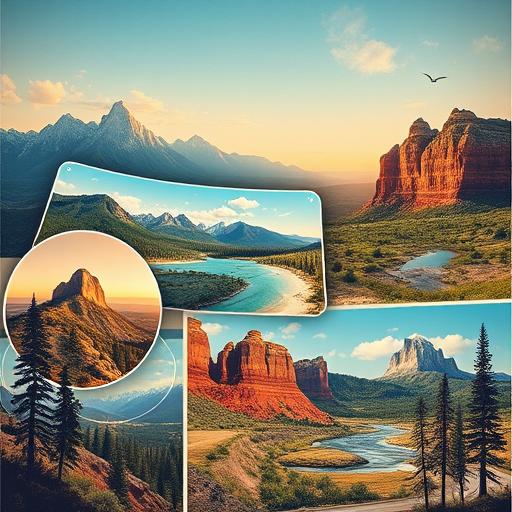 Collage of iconic road trip scenes and inspiring travel moments