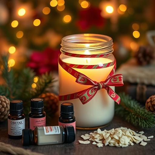 DIY scented candle jar with ribbon and essential oils