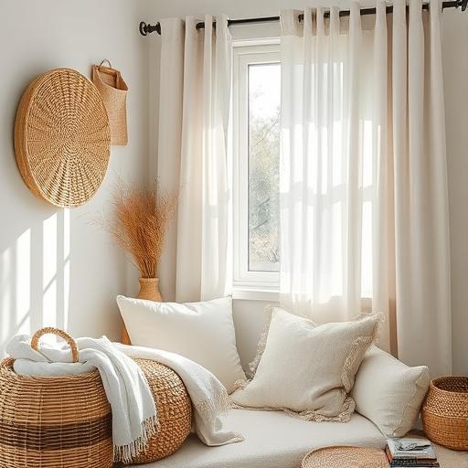 A cozy corner featuring coastal-style décor: woven baskets, linen curtains, and soft textures creating a beach vibe.