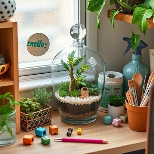 A cozy crafting session with terrarium supplies and decorations