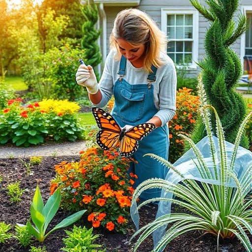 Gardener tending to a butterfly garden