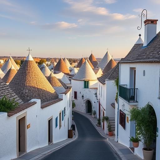 A picturesque scene of Alberobello, Italy during early morning. Trulli houses with their iconic cone-shaped roofs are dotting the serene landscape, surrounded by soft morning light and quiet streets.
