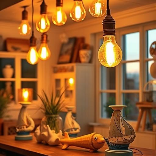 A room glowing with a summer vibe through the use of warm-yellow Edison bulbs and marine-themed lamp bases.