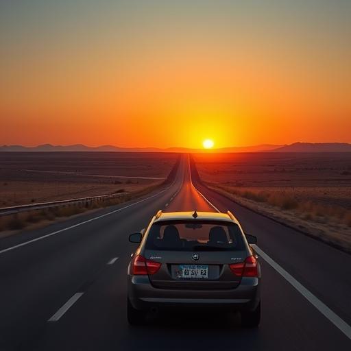 A scenic view of a highway stretching into the horizon, with a small car driving along