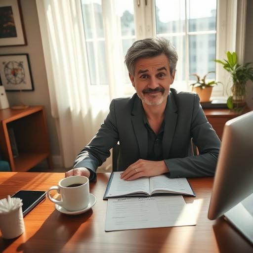 A serene scene of a person at a desk, morning light streaming through a window. They have a coffee in one hand and a checklist of goals on the desk.