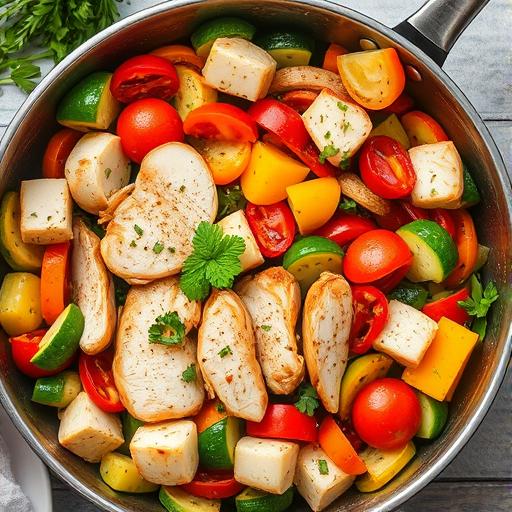 A vibrant and colorful skillet meal with fresh vegetables and chicken