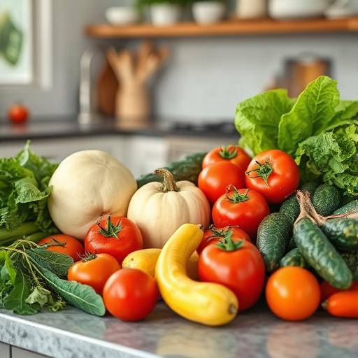 An array of seasonal produce including tomatoes and squash