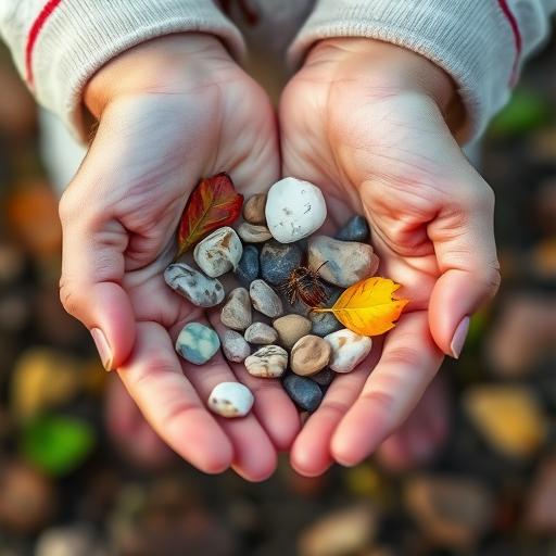 Child's hands holding small stones, leaves, and a bug
