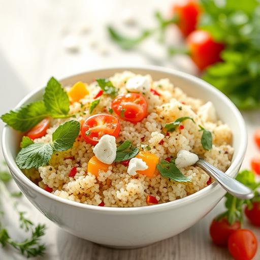 A bowl of fluffy quinoa with colorful vegetables