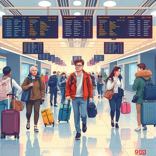 An illustration of a bustling airport scenario