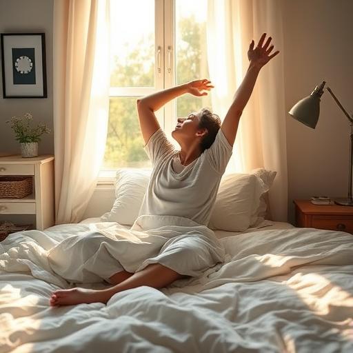 Serene morning scene with natural light and a cup of tea on a bedside table
