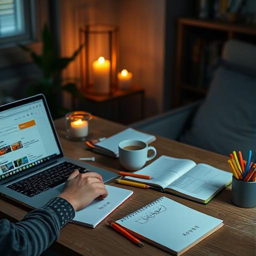 A serene home office setup with notebooks, colored markers, and a laptop open to productivity apps