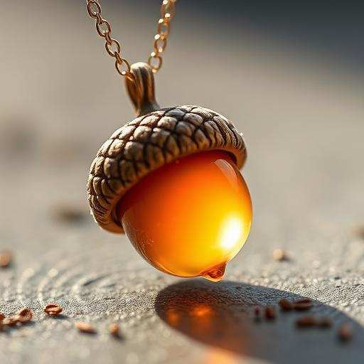 A beautifully crafted necklace made from a sleek resin-coated acorn, reflecting the soft autumn sunlight.