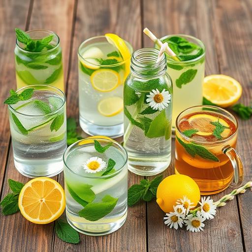 A collection of infused water bottles and herbal teas