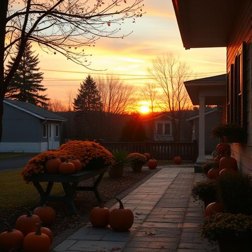 A cozy autumn evening scene outdoors, with golden hues in the sky fading as the sun sets, pumpkins scattered on porches, and the scent of burning wood lingering in the air.