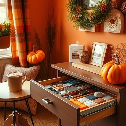 A cozy, autumn-themed room with a focus on a beautifully organized drawer.