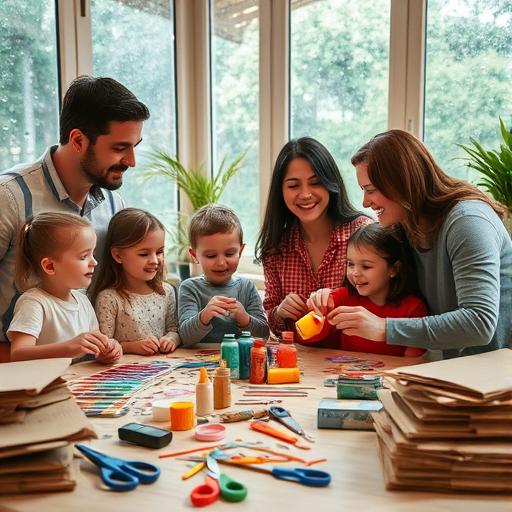 A cozy family setting indoors with rain visible through a window. A table covered with crafting materials like scissors, glue, paints, and piles of cardboard. Children and adults are joyfully engaging in crafting, smiling and laughing together.