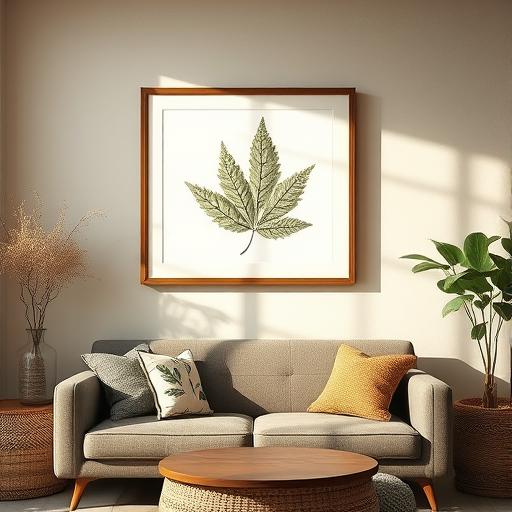 A cozy living room with minimalist wall art made of autumn leaves