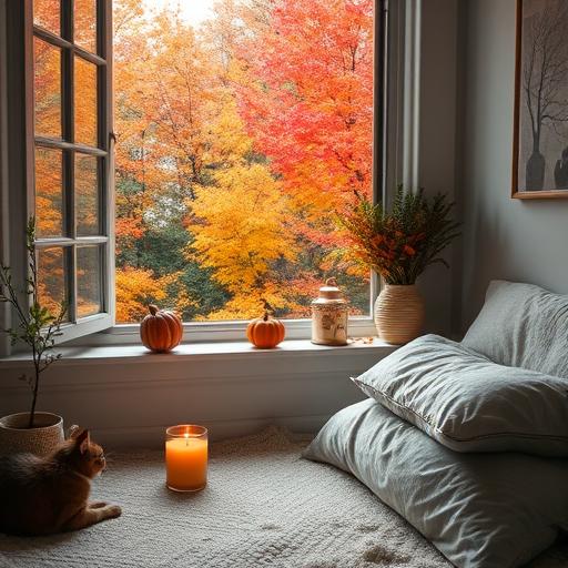 A cozy meditation setting with fall elements like pumpkins and cinnamon aroma.