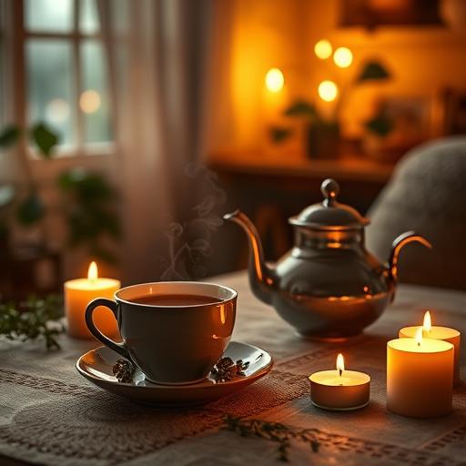 A cozy room with a softly lit ambiance, featuring a table with a steaming cup of herbal tea, a teapot, and surrounding candles