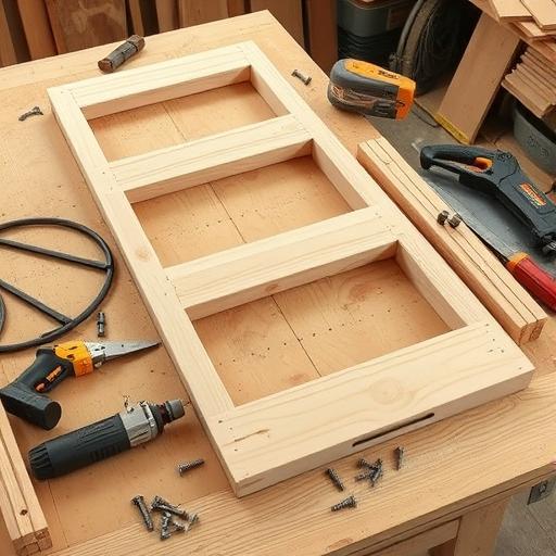 A DIY project showcasing a blanket ladder in progress, tools, and materials around.