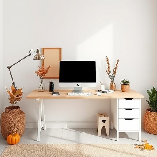 A tidy home office with organized paperwork and autumn decorations.