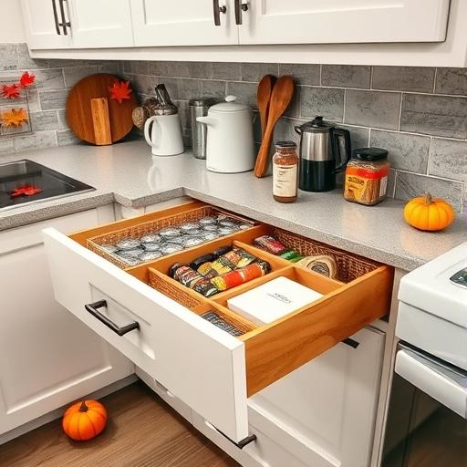 A neat kitchen drawer with spices organized beautifully.