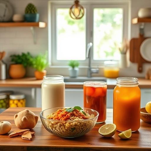 A cozy kitchen setting with fermented foods on display