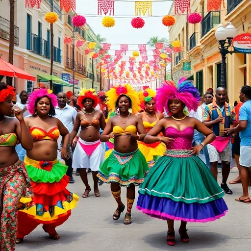 A lively festival in Barbados with colorful decorations and people dancing