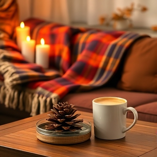 A cozy fall living room scene with a plaid blanket and candle holders