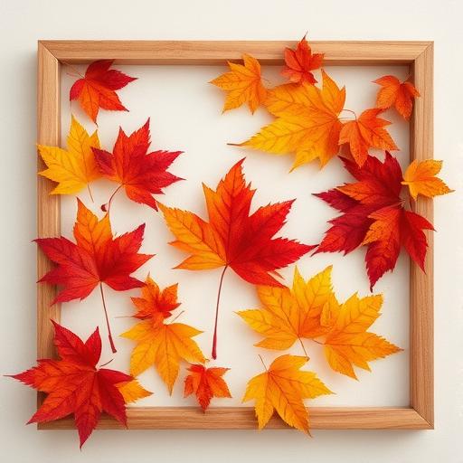 A picturesque arrangement of vibrant autumn leaves in fiery reds, burnt oranges, and golden yellows, displayed as minimalist wall art