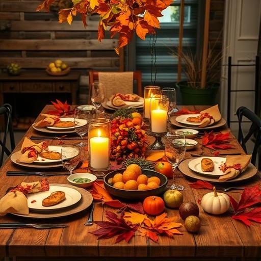 A rustic autumn-inspired table with seasonal foods and candles creating a warm, inviting atmosphere.