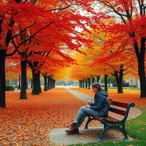 A scenic autumn park with vibrant red and golden leaves falling from the trees. A person is sitting on a bench with a notebook and a warm drink, symbolizing self-reflection and planning during the change of season.