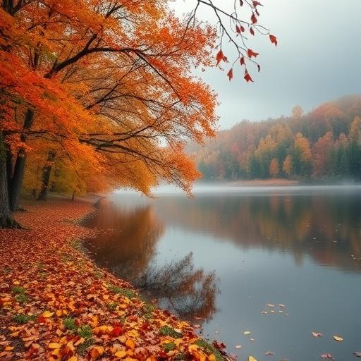 A serene autumn landscape with colorful falling leaves, representing the calm and peaceful atmosphere ideal for meditation.