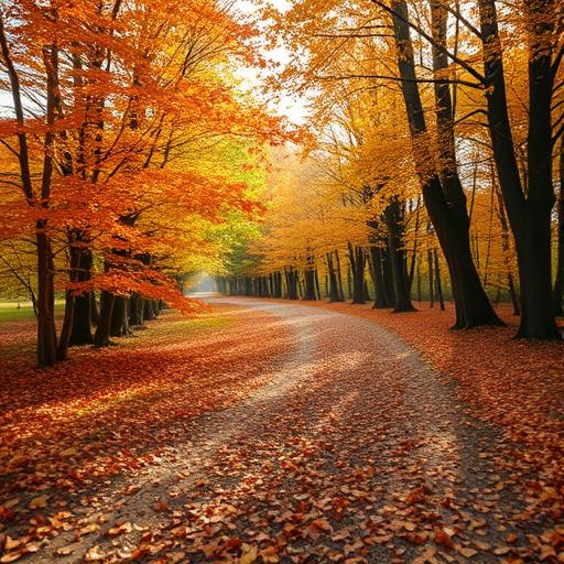 A serene autumn landscape with a path covered in colorful fallen leaves