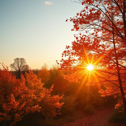 A serene autumn landscape with colorful falling leaves and a setting sun, symbolizing the shorter daylight hours.