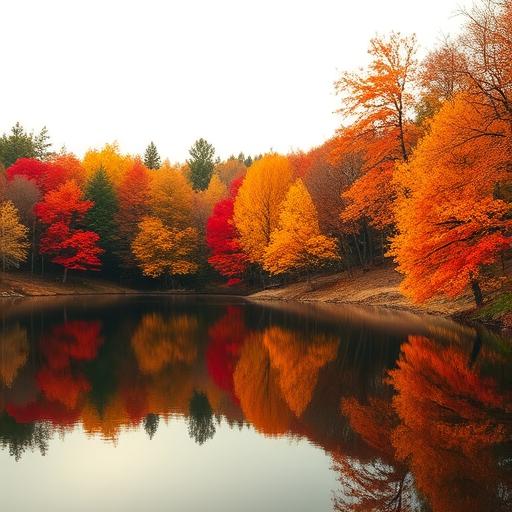 A serene autumn scene featuring a calm and reflective lake surrounded by vibrant trees