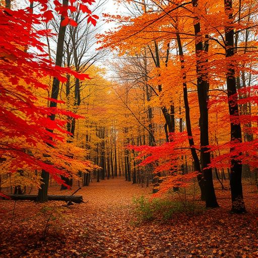 A serene forest landscape during autumn, showcasing vibrant red, orange, and yellow leaves gently falling to the ground.