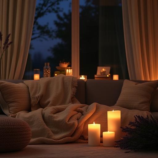 A serene living room setting at night, featuring soft blankets, dim ambient lighting, and aromatic lavender candles.