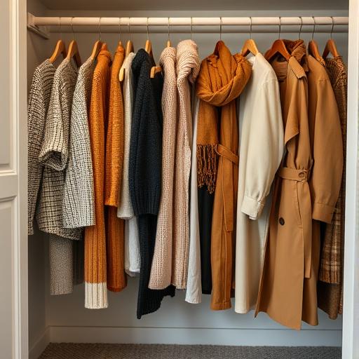 A serene, organized closet with neatly arranged fall clothing